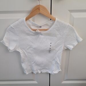 Uniqlo White Ribbed Short Sleeve Crop Tee - Womans